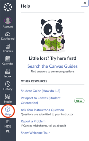 canvas navigation showing where the help tab is